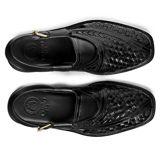 Cueřo’s Khyber 01 jet black peshawari chappal top view woven leather upper design