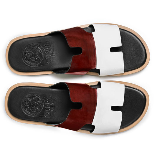 Top view of Diwan mehrun patina and white leather slippers for men from the Qadam Collection by Cuero by HAC