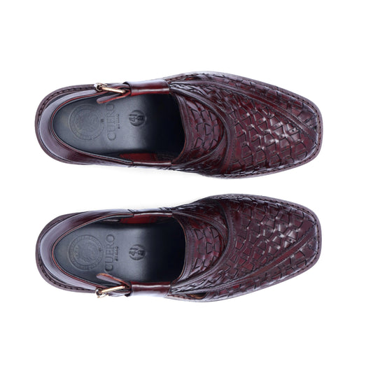 Top view of Khyber 11 Burgundy Peshawari sandals showing basket-weave leather pattern and square toe