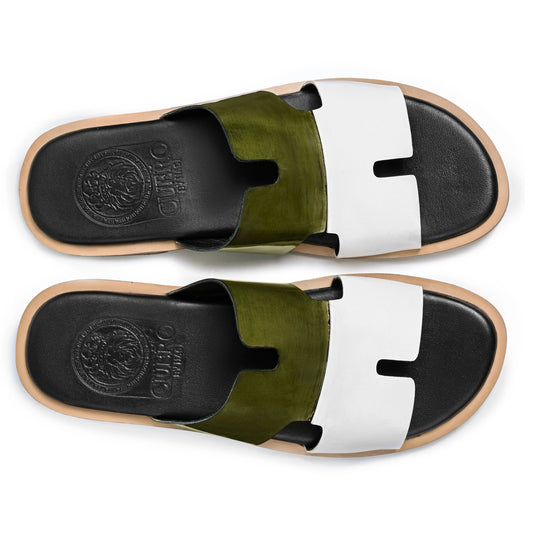 Top view of Milan green patina leather slippers for men with white strap by Cuero by HAC