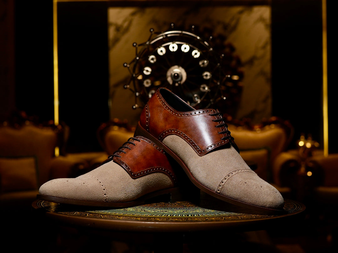 Duke's prestige Oxford: Tan Suede & Brown Leather Cap-Toe Shoes