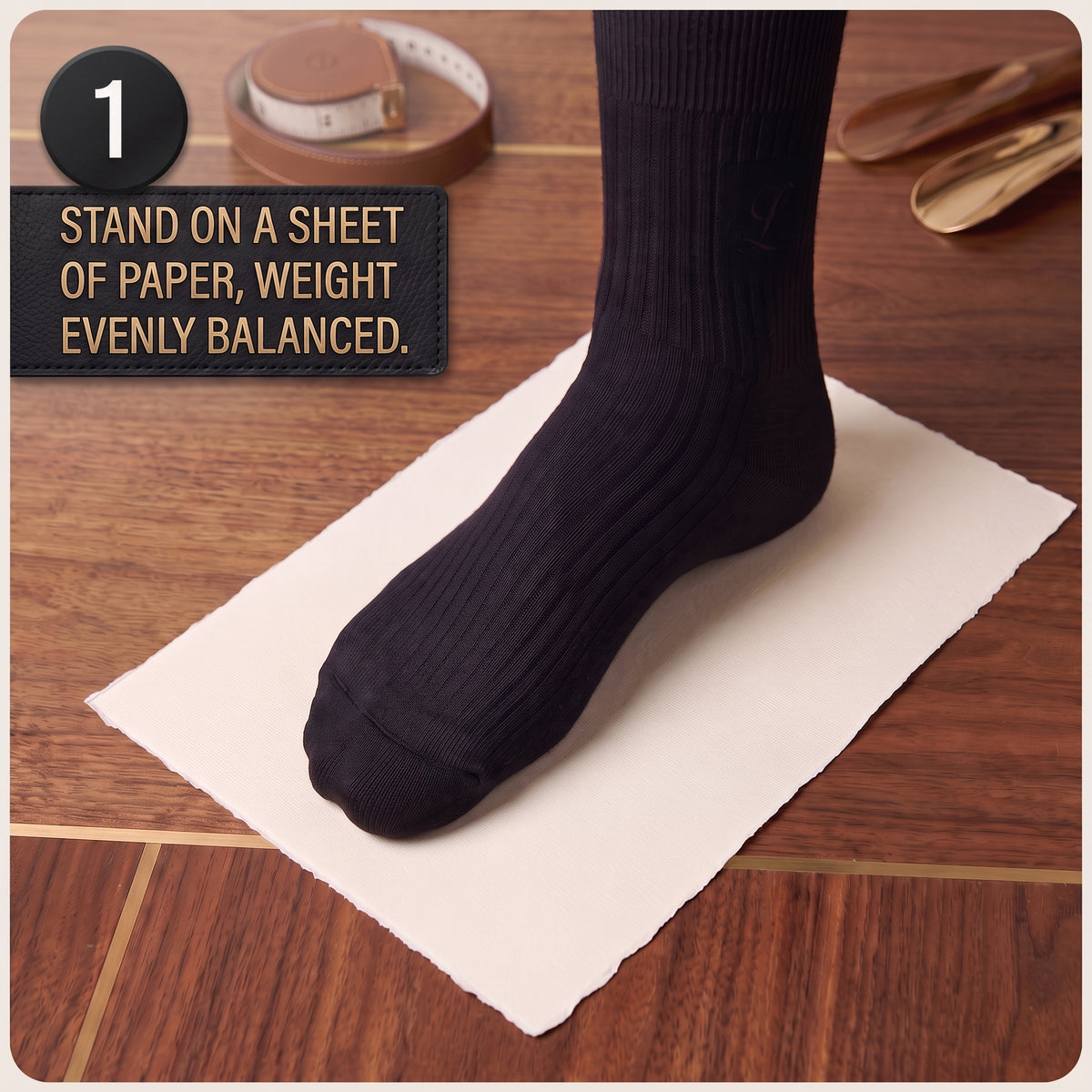 Stand on a sheet of paper, weight evenly balanced.