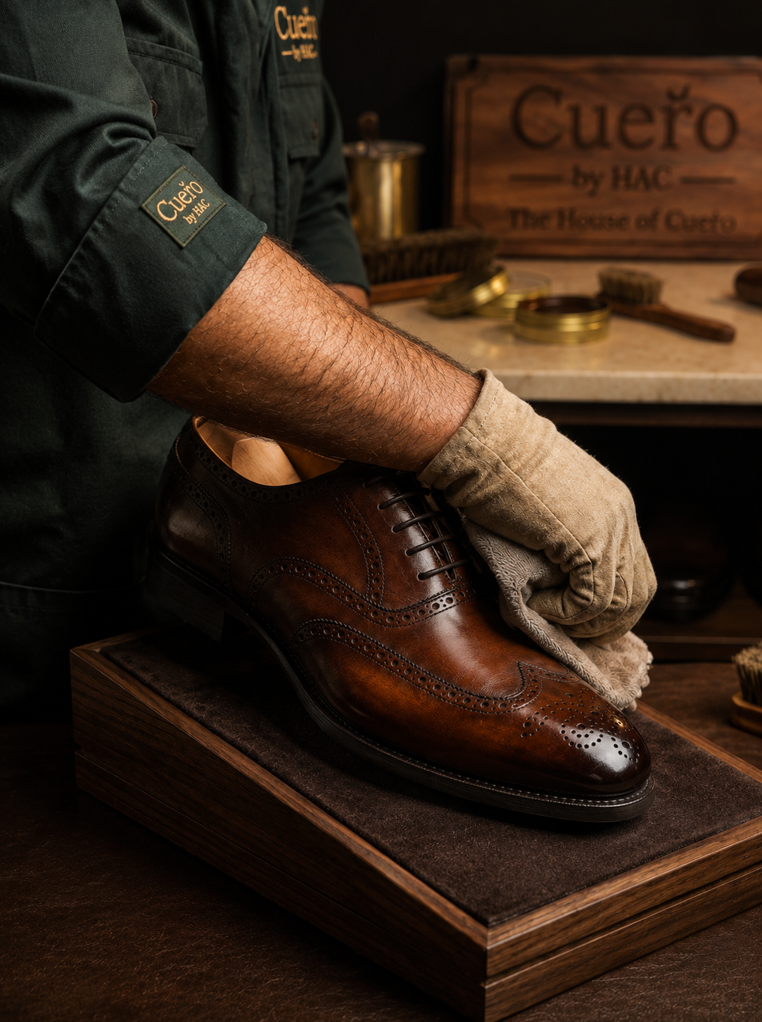 A gloved hand polishing a finished brown brogue