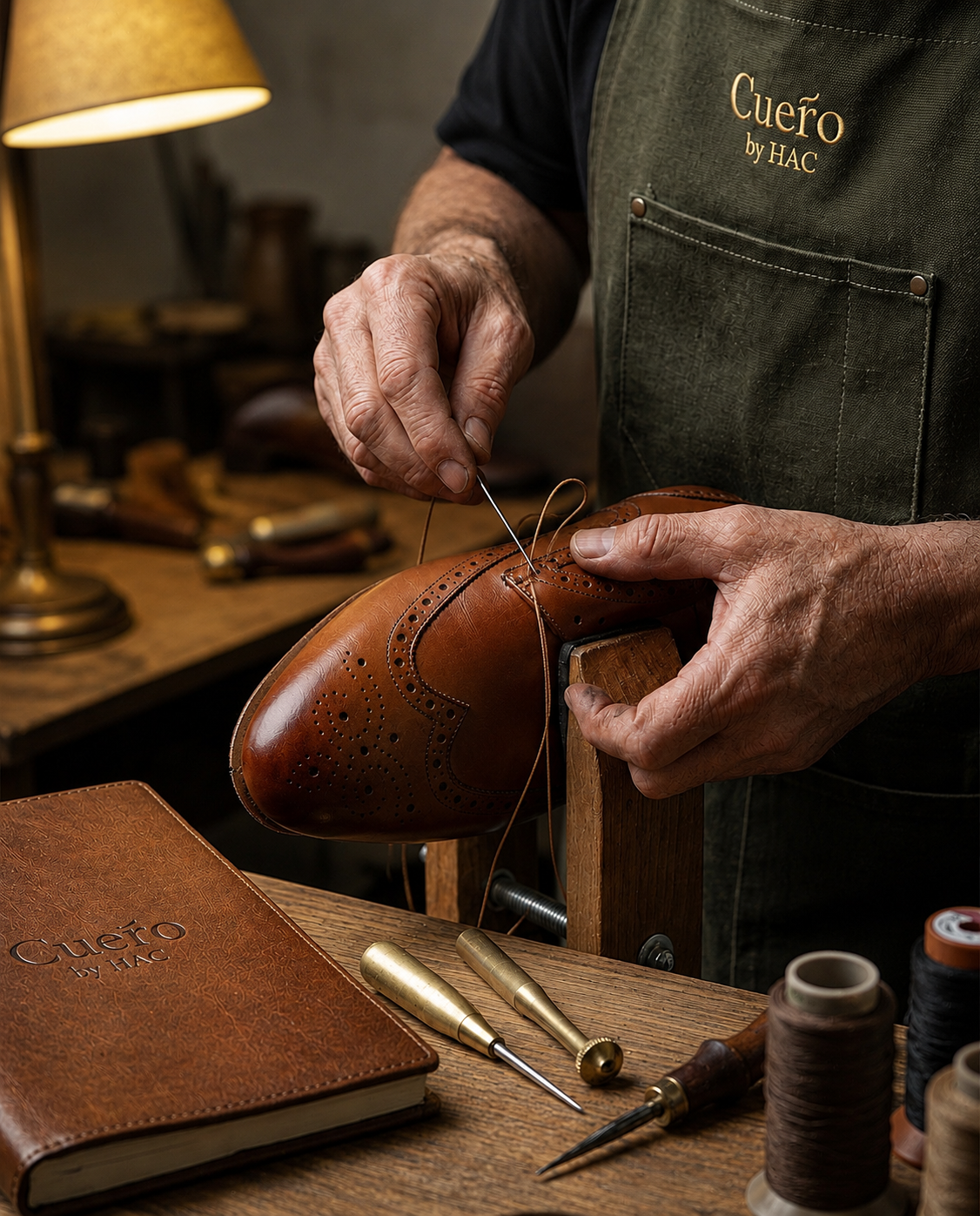 Hand-stitching a tan brogue with an awl and waxed thread