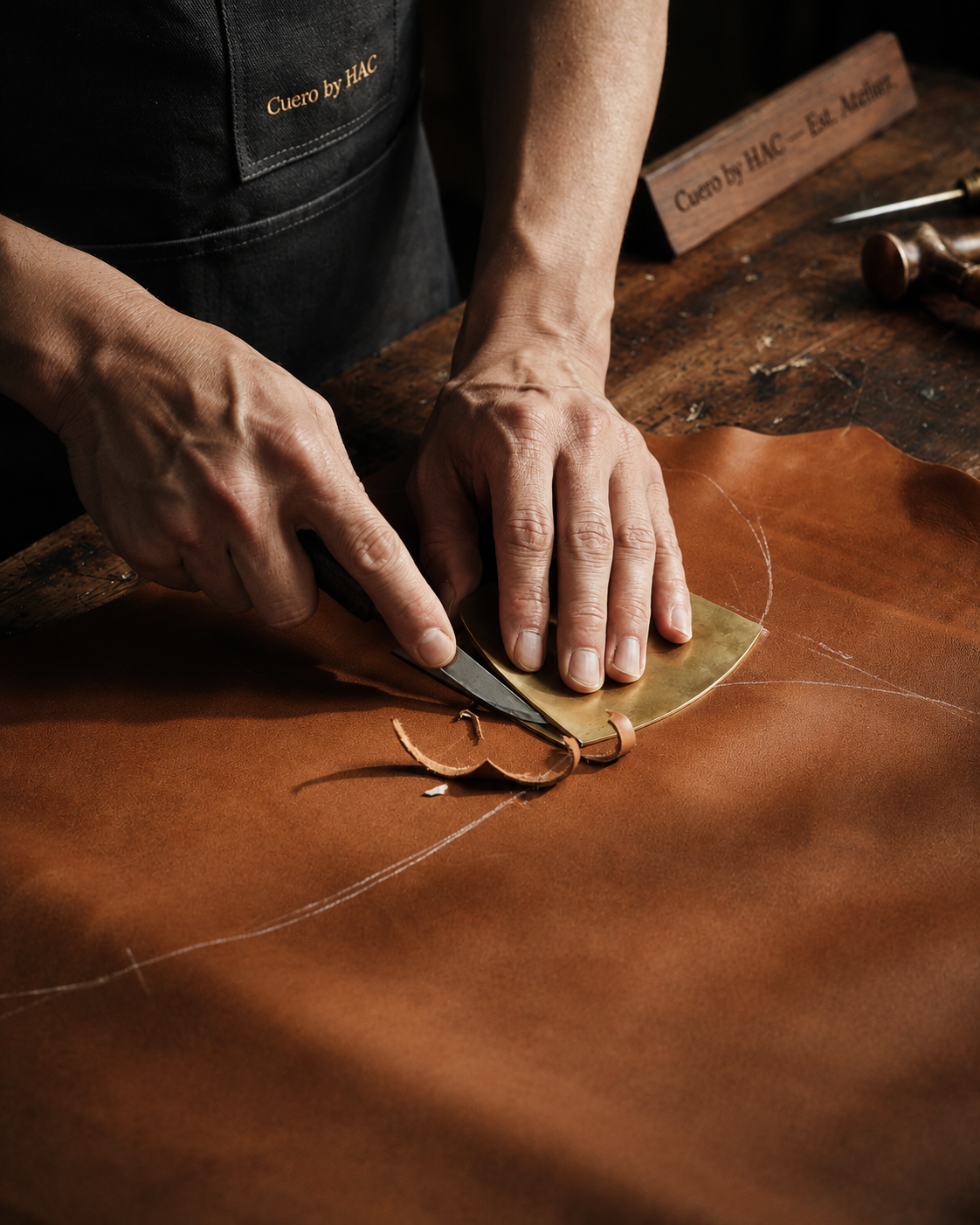 A craftsman cutting tan leather around a brass pattern