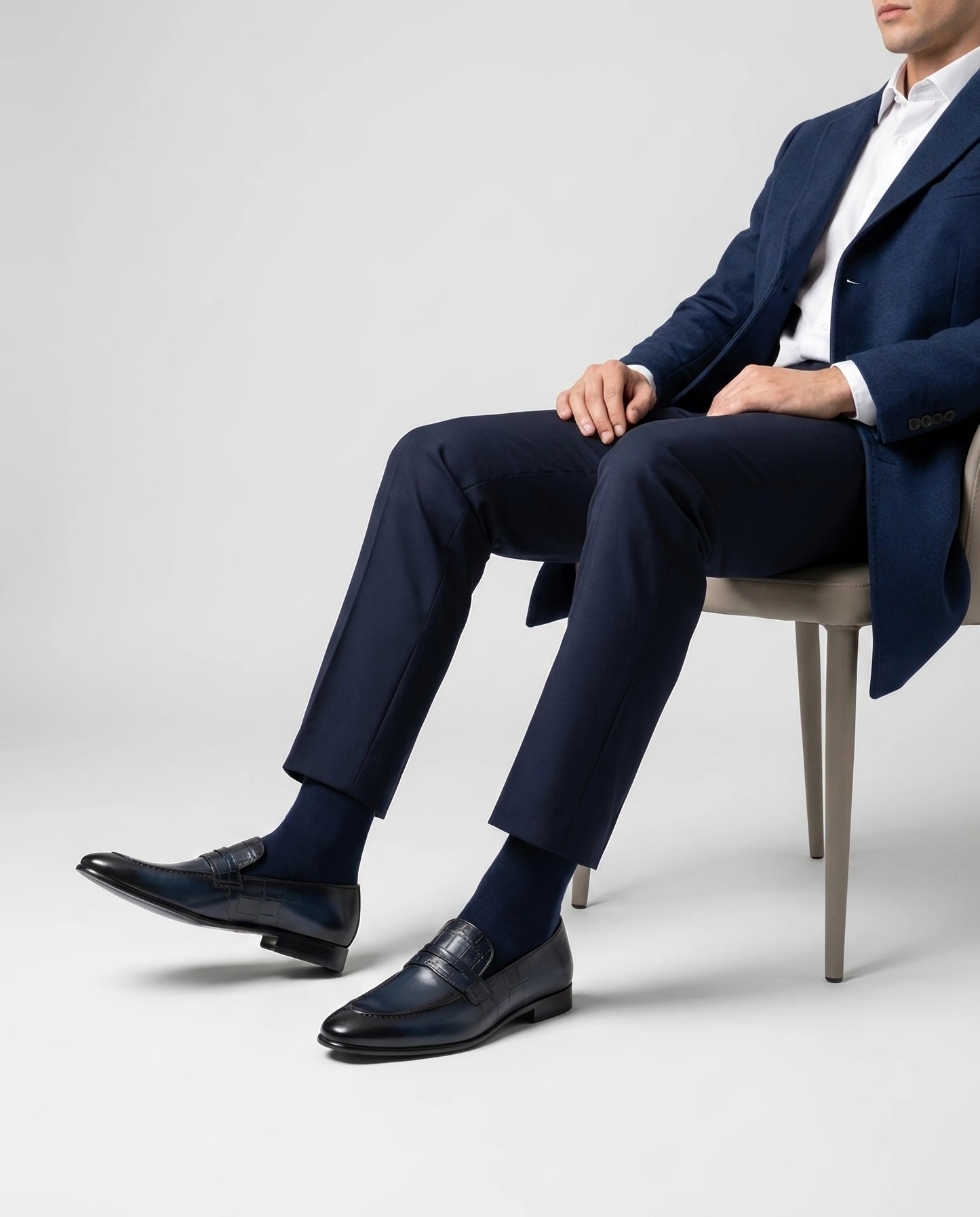 Alton blue leather loafers styled with formal outfit highlighting premium craftsmanship and refined design