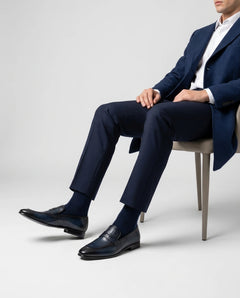 Alton blue leather loafers styled with formal outfit highlighting premium craftsmanship and refined design