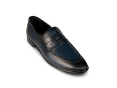 Alton men leather blue loafers front angled view showcasing premium craftsmanship, elegant design, and refined formal styling