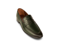 Best Carlton men leather olive loafers front angled view showcasing handmade craftsmanship, premium finish, and elegant formal design