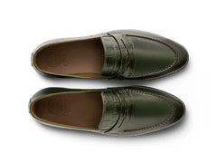 Top view of Best Carlton olive leather loafers showing lace-free design, stitching detail, and premium handcrafted leather finish