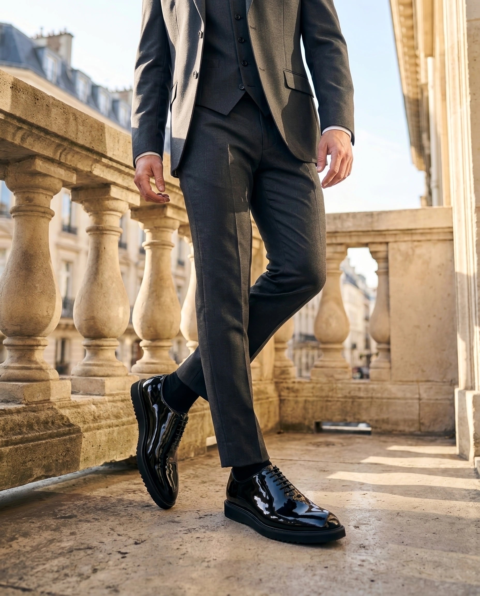 The Vance Cueřo Grand Atelier luxury men’s formal dress shoes worn with suit in lifestyle walking shot