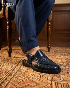 Luxury midnight navy Peshawari sandal with woven leather craftsmanship