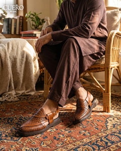 Luxury cognac leather Peshawari sandal with handcrafted basket weave upper