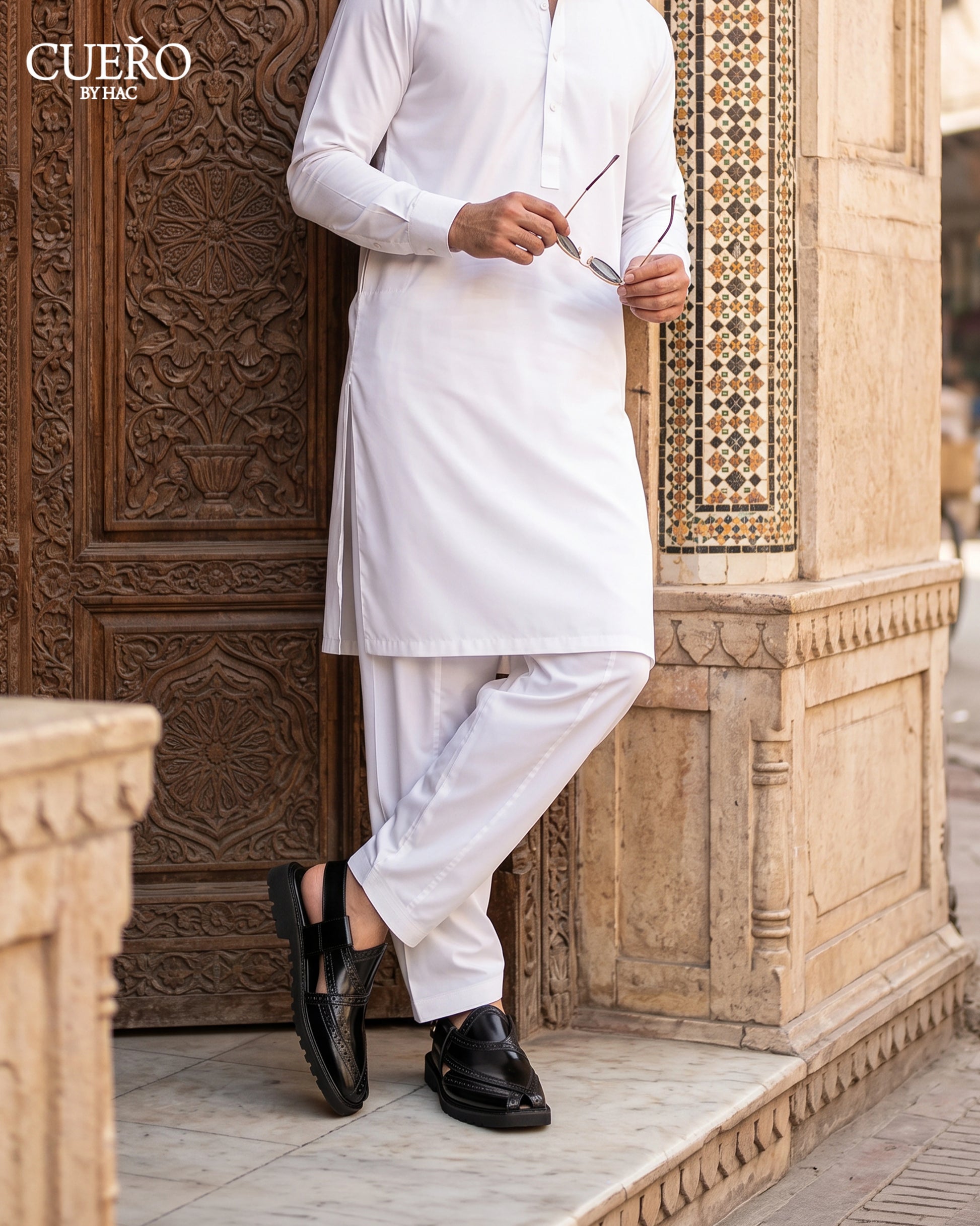 Premium black leather Peshawari chappal for weddings and formal wear