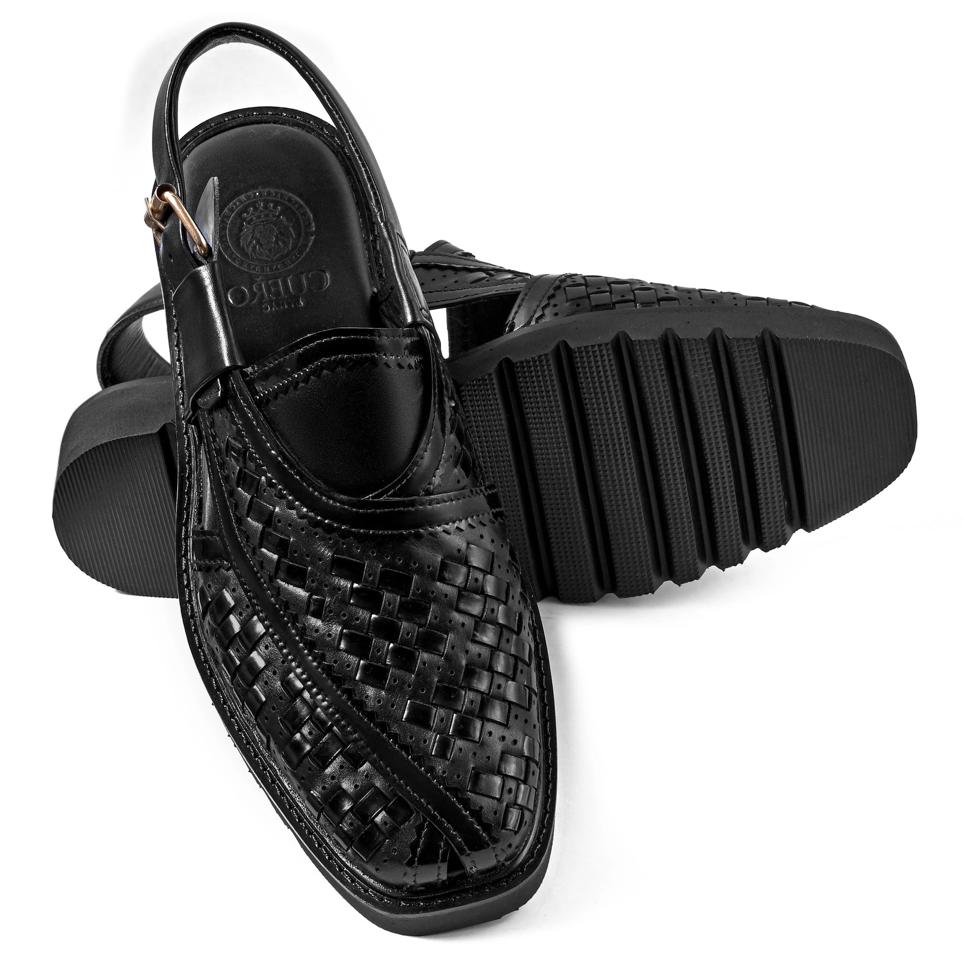 Cueřo’s Khyber 01 jet black peshawari chappal handcrafted leather sandal front angle view