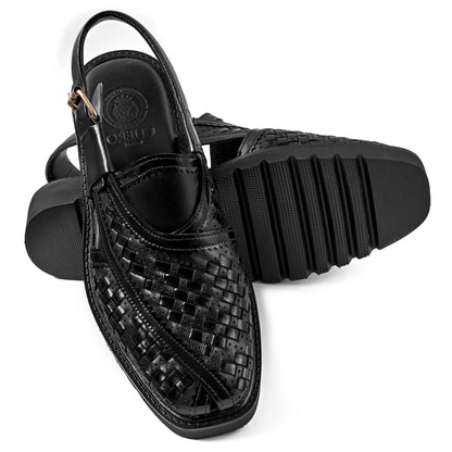 Cueřo’s Khyber 01 jet black peshawari chappal handcrafted leather sandal front angle view