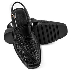 Cueřo’s Khyber 01 jet black peshawari chappal handcrafted leather sandal front angle view