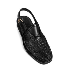 Cueřo’s Khyber 01 jet black leather peshawari chappal woven upper traditional footwear