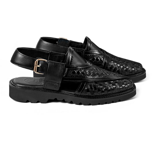 Cueřo’s Khyber 01 black leather peshawari chappal pair view luxury traditional footwear