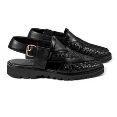 Cueřo’s Khyber 01 black leather peshawari chappal pair view luxury traditional footwear