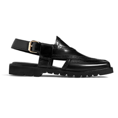 Cueřo’s Khyber 01 jet black peshawari chappal side profile adjustable buckle strap sandal