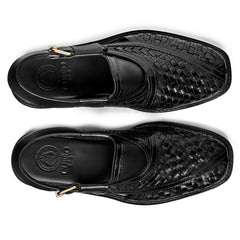 Cueřo’s Khyber 01 jet black peshawari chappal top view woven leather upper design