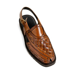 Cueřo’s Khyber 02 tobacco honey leather peshawari chappal woven upper traditional footwear