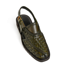 Cueřo’s Khyber 03 olive patina leather peshawari chappal woven upper traditional footwear