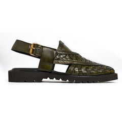 Cueřo’s Khyber 03 olive patina peshawari chappal side profile adjustable buckle strap