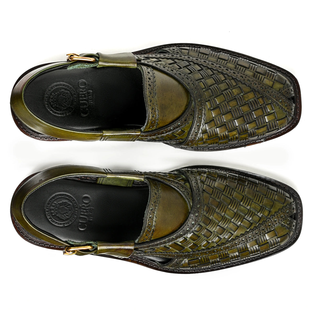 Cueřo’s Khyber 03 olive patina peshawari chappal top view woven leather design