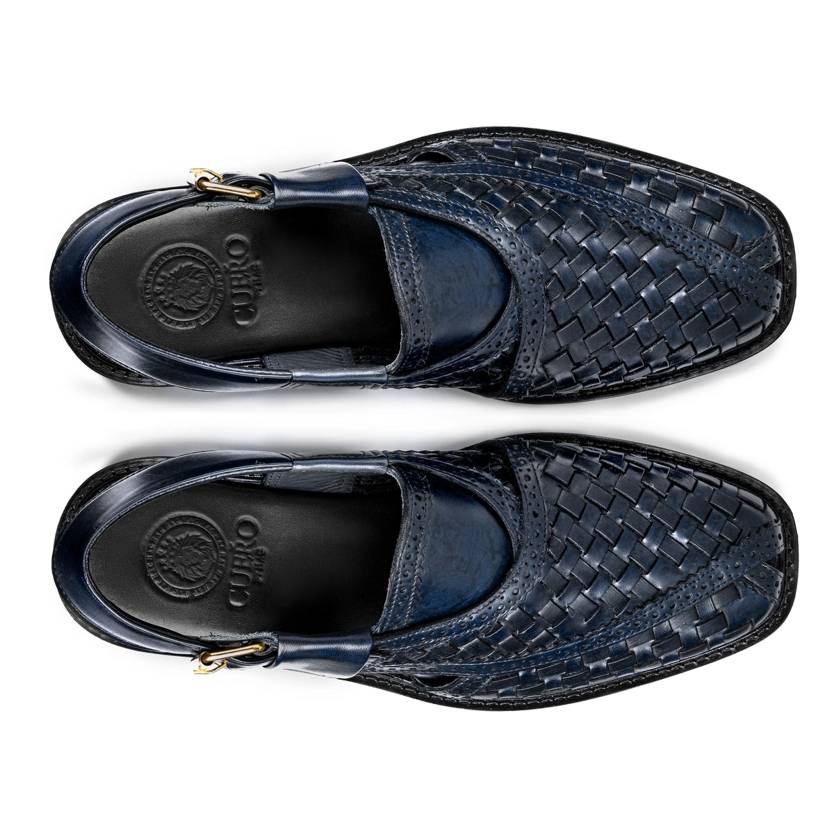 Cueřo’s Khyber 04 midnight navy peshawari chappal top view woven leather artisan design