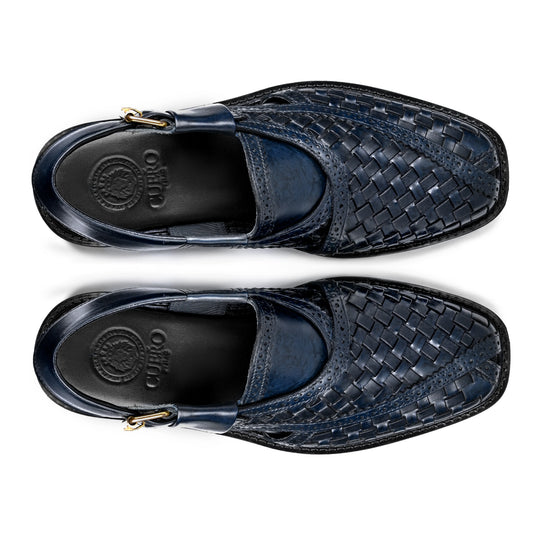 Cueřo’s Khyber 04 midnight navy peshawari chappal top view woven leather artisan design