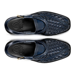 Cueřo’s Khyber 04 midnight navy peshawari chappal top view woven leather artisan design