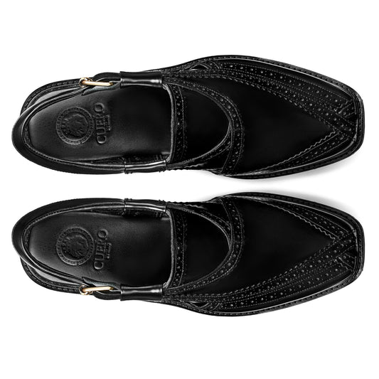 Cueřo’s Khyber 05 jet black peshawari chappal top view handcrafted leather design