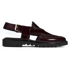 Cueřo’s Khyber 06 oxblood leather peshawari chappal side profile adjustable buckle strap