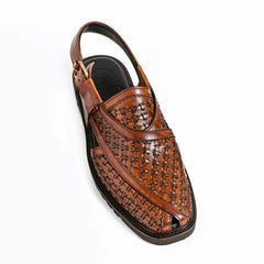 Cueřo’s Khyber 10 cognac woven leather peshawari chappal handcrafted sandal angle view