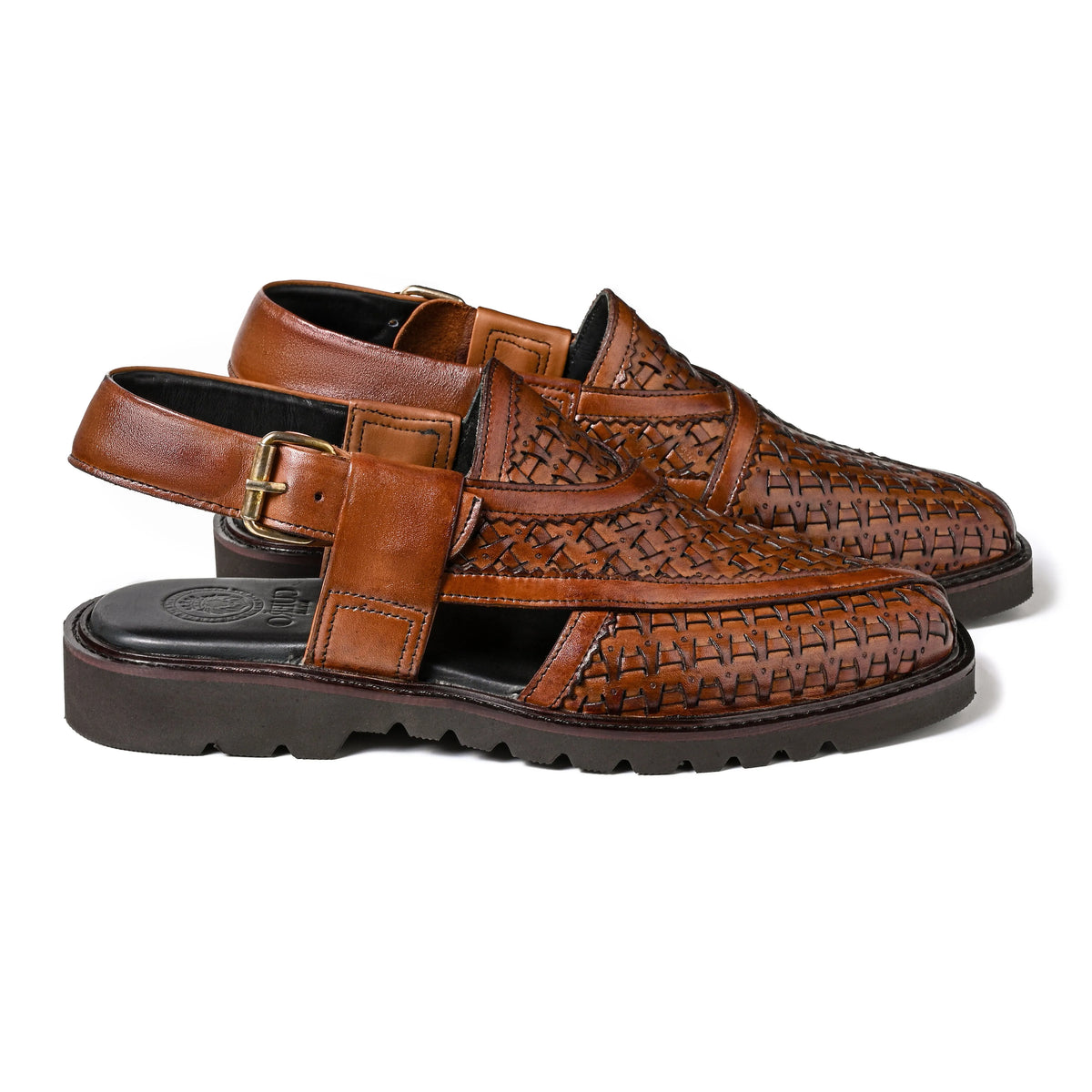 Cueřo’s Khyber 10 cognac woven leather peshawari chappal pair premium artisan footwear