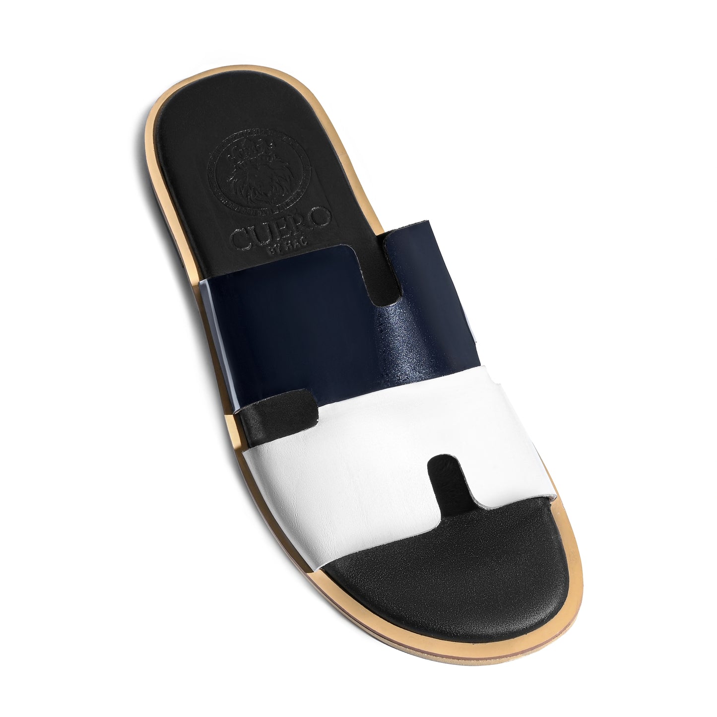 Angled view of Dastan navy white luxury leather slippers for men by Cuero by HAC