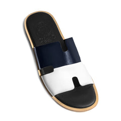 Angled view of Dastan navy white luxury leather slippers for men by Cuero by HAC