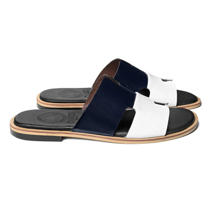 Side profile of Dastan navy and white designer leather slippers for men by Cuero by HAC