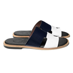 Side profile of Dastan navy and white designer leather slippers for men by Cuero by HAC