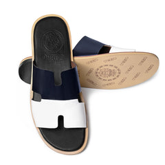 Dastan navy white leather slippers for men showing embossed Cuero by HAC footbed and leather outsole