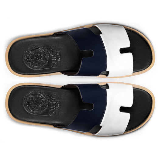 Top view of Dastan navy and white leather slippers for men from the Qadam Collection by Cuero by HAC