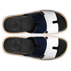 Top view of Dastan navy and white leather slippers for men from the Qadam Collection by Cuero by HAC