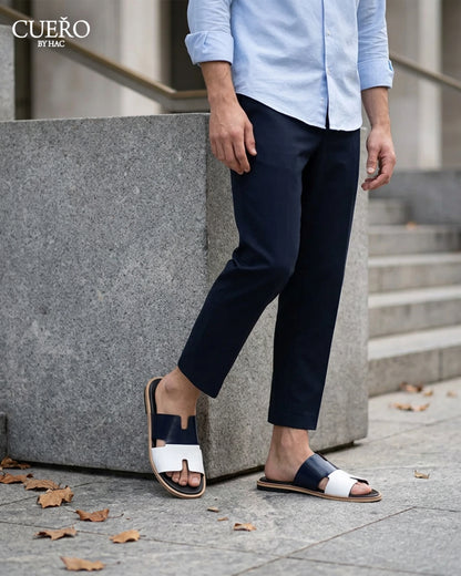 Dastan Navy White patent leather slides for men in minimalist luxury aesthetic