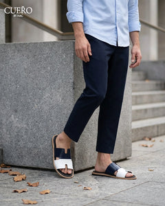 Dastan Navy White patent leather slides for men in minimalist luxury aesthetic