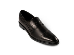 Deyoshi black men’s leather loafers handcrafted luxury front angled view showcasing premium polished leather and elegant formal design