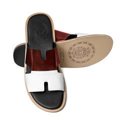 Diwan mehrun patina leather slippers showing Cuero by HAC embossed footbed and leather outsole