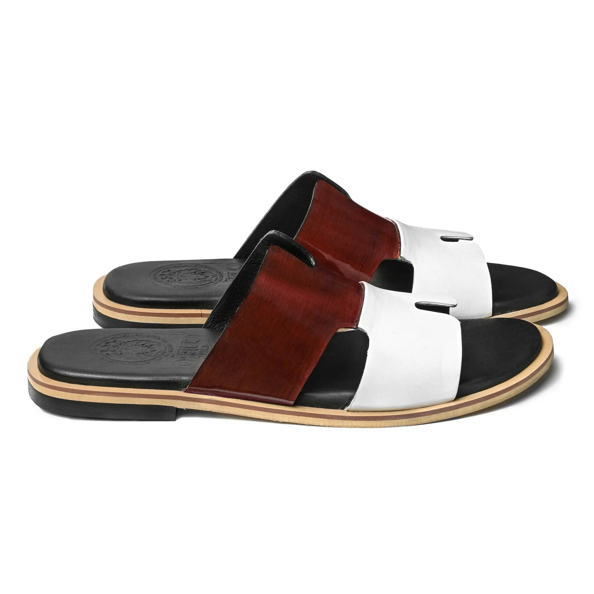 Side view of Diwan mehrun patina leather slippers for men with white leather strap