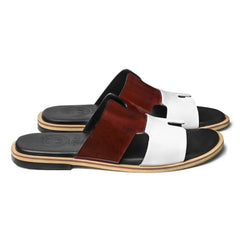 Side view of Diwan mehrun patina leather slippers for men with white leather strap